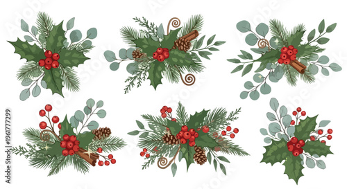 Vintage Christmas floral arrangements with holly berries and pine branches, set of 6 winter botanical bouquets, rustic holiday greenery vector illustrations