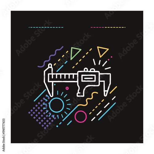 Vector of a caliper tool surrounded by vibrant neon shapes and lines