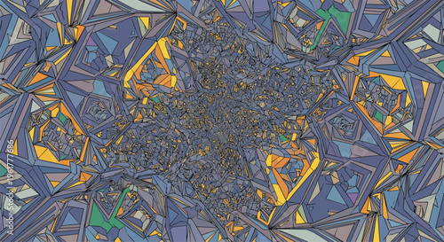 Incredibly detailed and complex kaleidoscope-like pattern consists of thousands of tiny geometric shapes in muted blue and yellow tones.