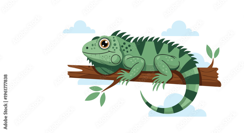 Obraz premium Green iguana resting on a wooden branch with blue clouds in the background, illustrated in a friendly cartoon style.