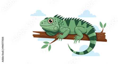 Green iguana resting on a wooden branch with blue clouds in the background, illustrated in a friendly cartoon style.