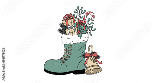 Festive christmas boot filled with wrapped gifts, candy canes, and holly leaves next to a decorative golden jingle bell.