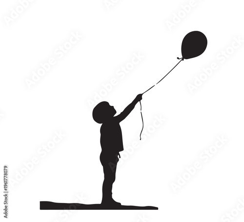 Silhouette of a child holding a balloon, symbolizing childhood, dreams, and aspirations, against a clean background, representing innocence and wonder