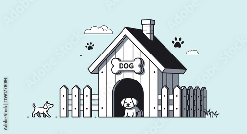 Cozy white dog house with a dog inside and another puppy outside in a fenced yard under a blue sky for pet ownership themes.