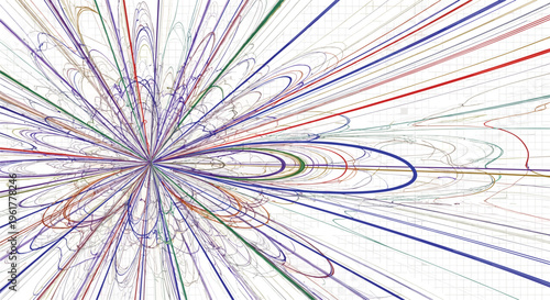 Symmetrical and energetic burst of fine lines in various colors radiates from a center point over a subtle grid background.