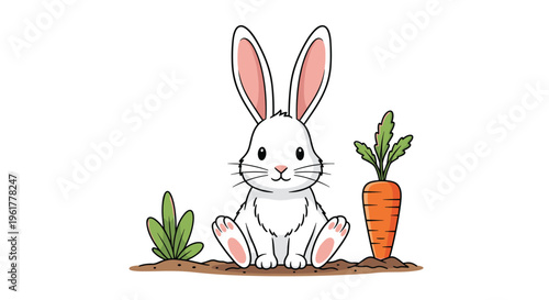 Cute white rabbit sitting in the dirt next to a growing orange carrot and some green garden plants in a healthy farm setting.