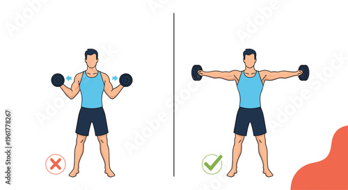 Instructional graphic demonstrating the right and wrong way to perform lateral raises with dumbbells for shoulder training.