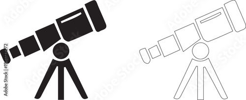 Astronomical telescope on tripod icon black and white outline space observation symbol design