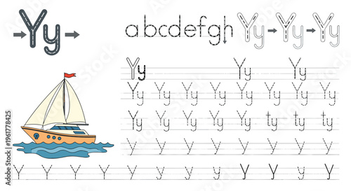 Alphabet tracing worksheet for the letter Y featuring uppercase and lowercase letters along with an illustrated sailing yacht.