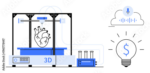 Medical innovation, 3D printing, healthcare advancements, cloud technology, digital innovation, creative solutions. A 3D printer creates a heart model alongside a cloud and lightbulb. Medical