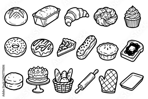 Bakery and Pastry Icons – Hand Drawn Vector Set of Bread, Cake, Donut, Croissant, and Baking Tools for Food and Culinary Design