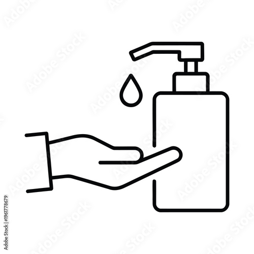 Hand using a soap dispenser with a drop of liquid in a vector