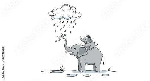 Sweet scene of a mother elephant and her baby under a small rain cloud with the mother spraying water from her long trunk.