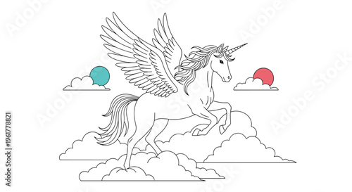 Beautiful line art drawing of a pegasus unicorn with large wings and a spiral horn jumping through clouds and golden suns.
