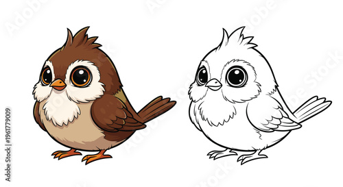 Chubby little sparrow bird shown in color and as a black and white outline for a children artistic coloring activity.