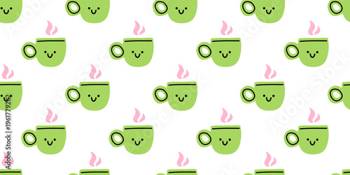 Vector seamless pattern with cute kawaii green coffee cup character and pink steam on white background. Cozy self care print for kitchen decor, cafe wallpaper, fabric, gift wrapping paper and planner.