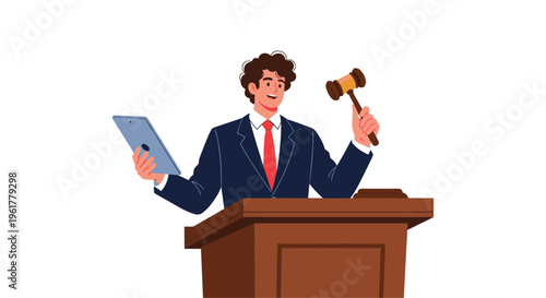 Professional male auctioneer in a suit standing at a podium holding a wooden gavel and a digital tablet for managing various bids.