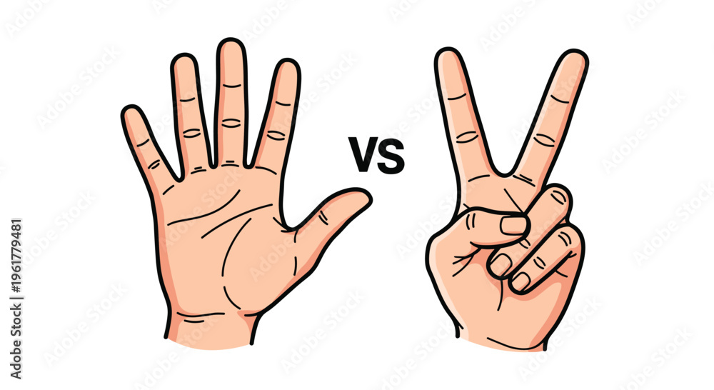 Fototapeta premium Informative illustration of two hands performing gestures for the numbers five and two with vs text in between them for comparison.