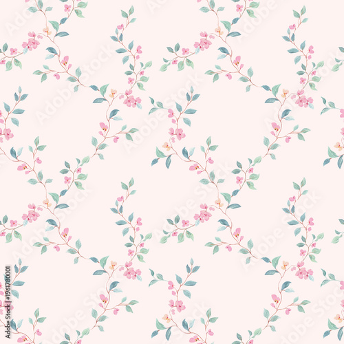 Watercolor Floral Seamless Pink Pattern with Delicate Spring Blossom Branches