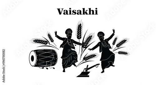 Vaisakhi festival celebration vector illustration showing traditional bhangra dancers, Dhol drum, golden wheat harvest, and a significant agricultural plough symbolising prosperity.