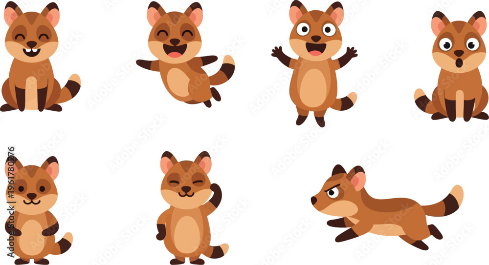 Fototapeta premium Cute cartoon raccoons in various poses and expressions
