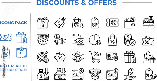 Discounts and Offers Vector Icon Set — Sale, Coupon, Gift, Cashback, Shopping and Promotion Symbols