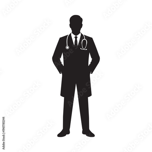 Doctor standing silhouette with stethoscope, male physician in lab coat on white background