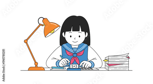 Young female student in a school uniform sitting at a desk and using a calculator to solve difficult mathematics problems at home.