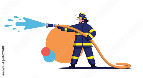 Brave firefighter in full protective gear and helmet using a high pressure hose to spray a powerful stream of blue water to quench a fire.