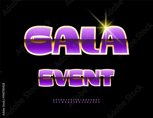 Vector Stylish banner Gala Event. Glossy Violet and Gold Font. Classy Alphabet Letters and Numbers set.