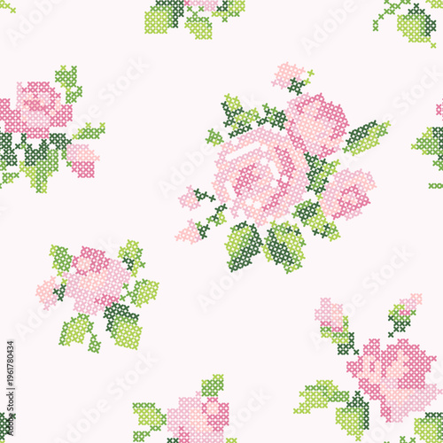 Seamless Pattern Pink Roses Cross Stitch Floral Embroidery Luxury Nursery Soft Baby Background Vector
