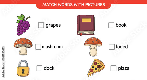 Educational matching game for kids to connect words like book, pizza, and grapes with their corresponding colorful cartoon pictures.
