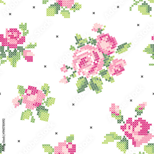 Seamless Pattern Cross Stitch Floral Pink Rose Embroidery Polka Dot Vintage Cottagecore Background Vector