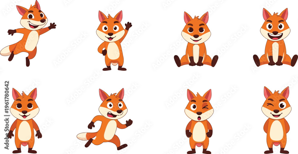 Obraz premium Set of cartoon fox characters in different poses and expressions
