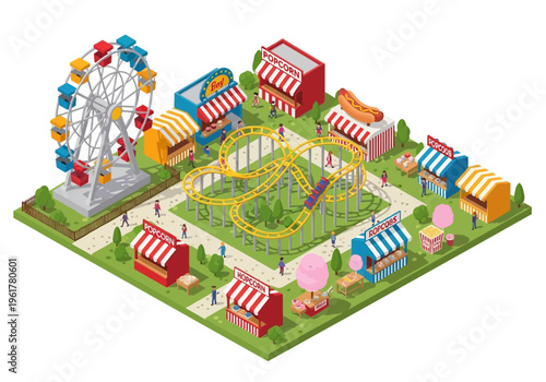 A vibrant isometric amusement park with a Ferris wheel and roller coaster, bustling with activity and colorful stalls