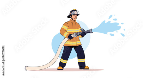 Firefighter wearing a beige protective suit and helmet holding a powerful high pressure hose to extinguish a dangerous fire event.