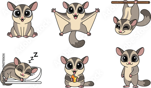 Sugar Glider Cartoon Illustrations Set