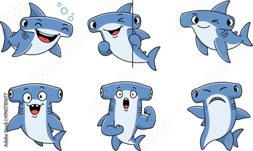 Cute cartoon shark characters with different emotions and expressions