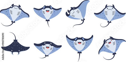 Cute cartoon manta rays in different poses and colors