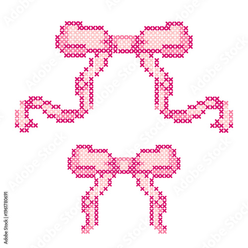 Luxury Baby Girl Cross Stitch Bow Embroidery Elegant Pink Ribbon Nursery Decorative Element Vector