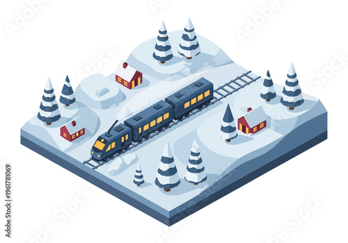 Isometric train journey through a snowy village and pine trees in winter landscape