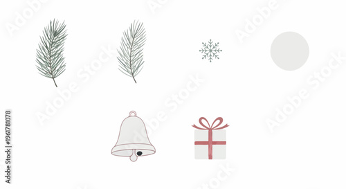Minimalist Christmas vector elements, hand drawn pine branches and holiday icons, set of 6 festive winter illustrations for card design