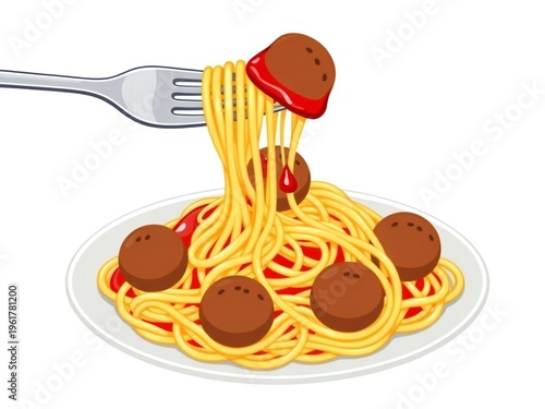 A delicious plate of spaghetti with meatballs and a fork lifting a strand.