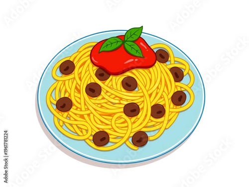 Delicious plate of spaghetti with meatballs and a slice of tomato garnish