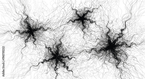 Fine black lines form organic star-like bursts and tangled web structures across a stark white background in this sketch.