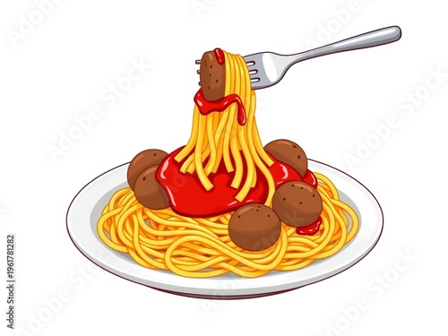 A forkful of spaghetti with meatballs and vibrant tomato sauce on a plate