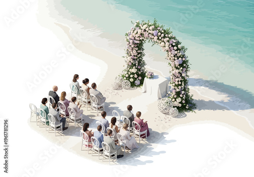 Beach wedding ceremony with floral arch and seated guests