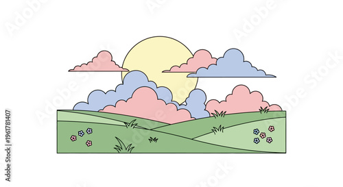 Sun behind colorful fluffy clouds.