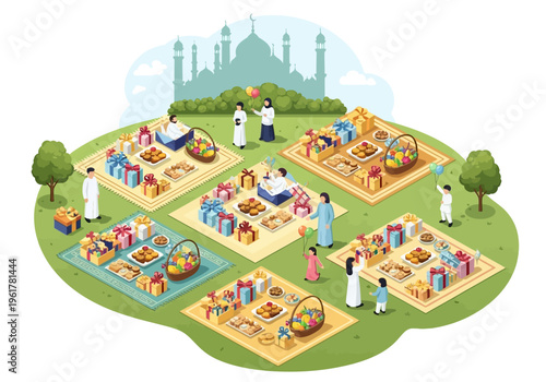 Ramadan celebration and gifting with families and friends enjoying picnics and Eid traditions