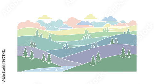 Illustration of rolling hills and trees.